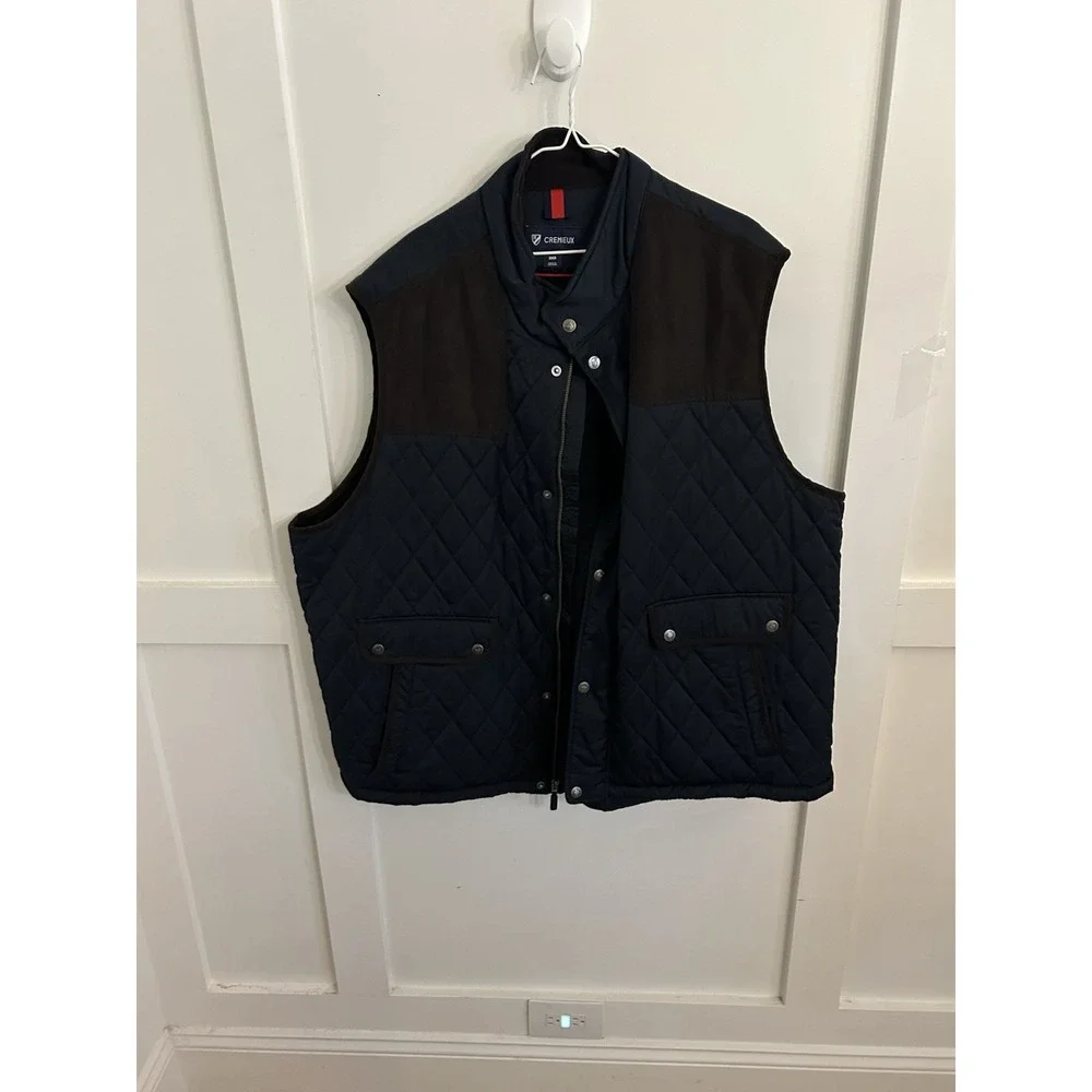 Men's Cremieux Navy Quilted Vest Faux Leather Fleece Lined Pockets Full Zip 3X